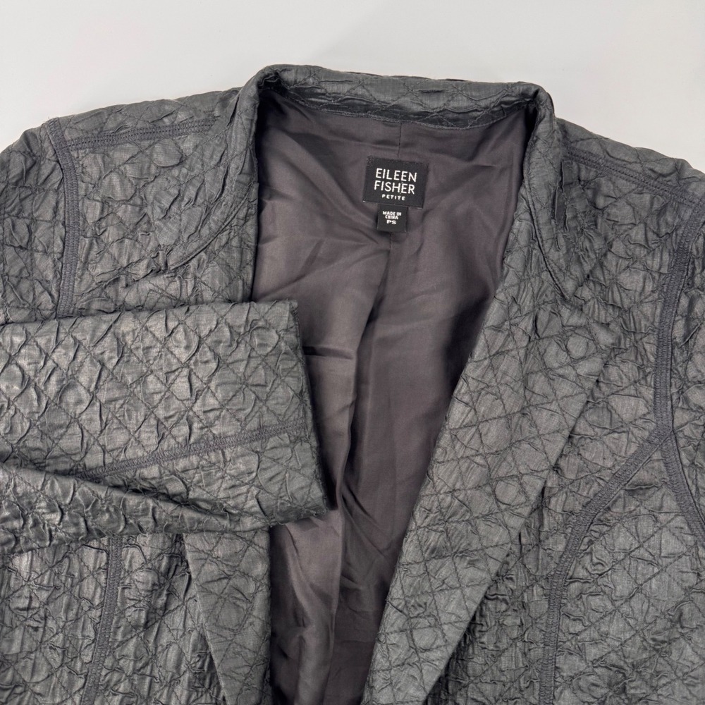 Eileen Fisher Jacket Womens PS Gray Tussah Silk Quilted Crinkle Open Minimalist